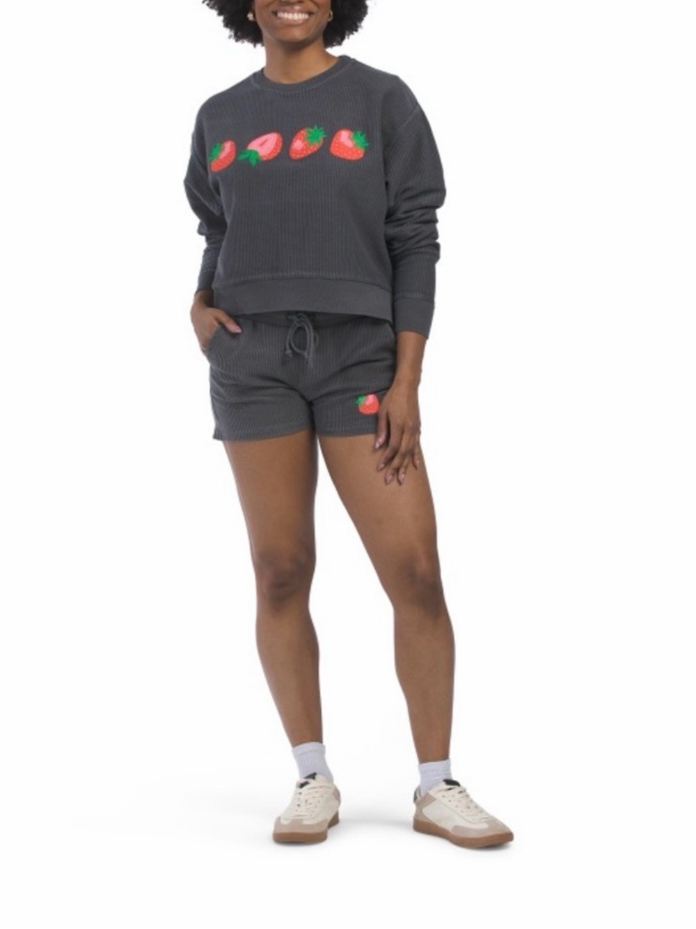Pacific and co Women's Charcoal Strawberry Waffle Knit Lounge Shorts & Top Set